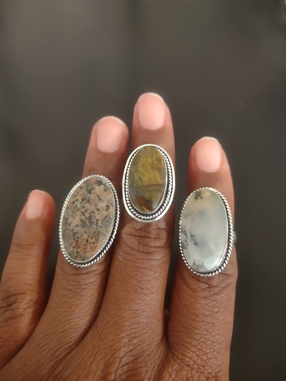 Sterling Silver Oval Stone Statement Ring in Brown and Cream - Unbranded